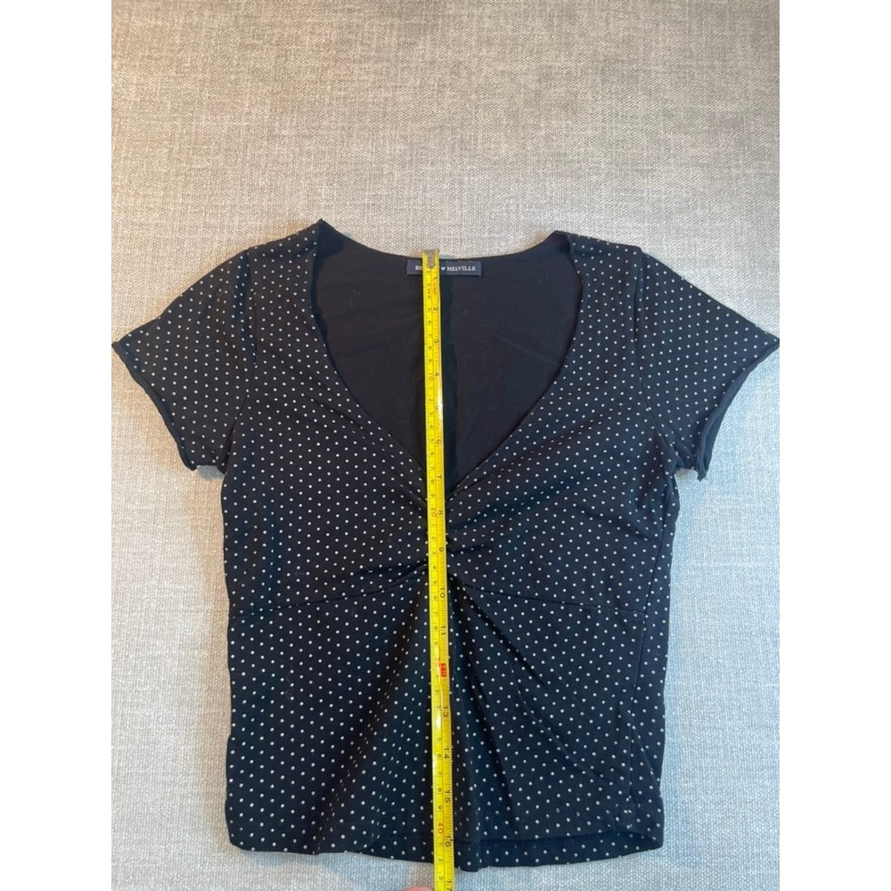 Brandy Melville Black Polka Dot Ruched V-Neck Short Sleeve Top One Size - Picture 2 of 6